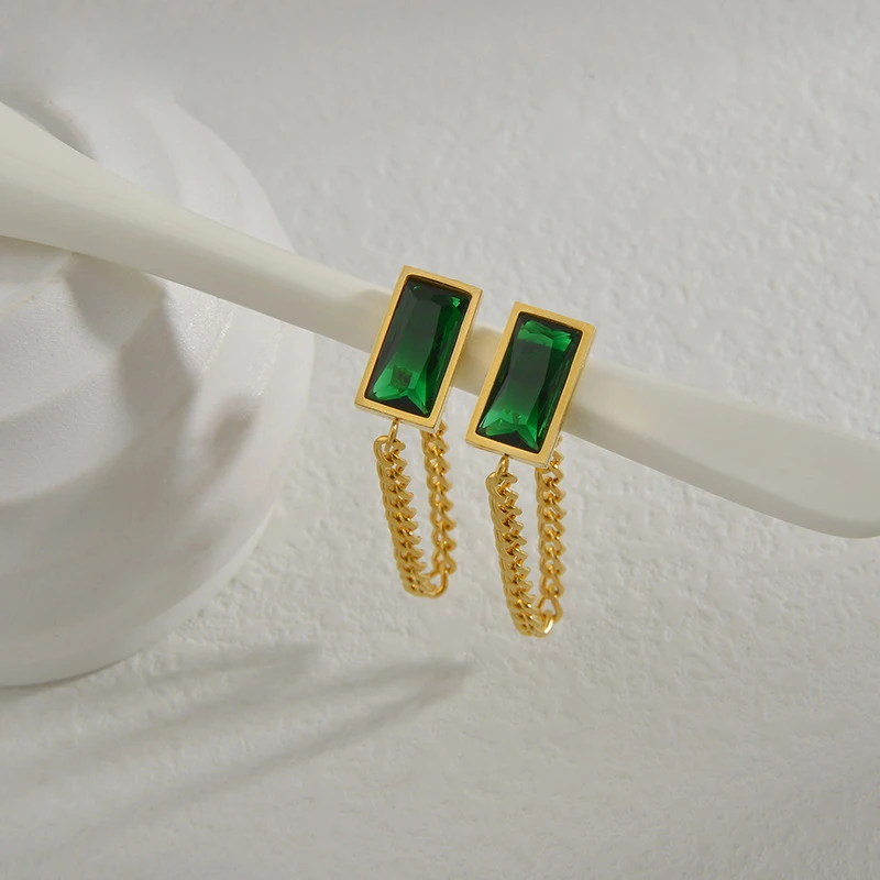 

316L Stainless Steel Jewelry Delicate Shiny Green Cubic Zirconia Stud Earrings Trendy Metal Chain Geometric Earrings Bijoux