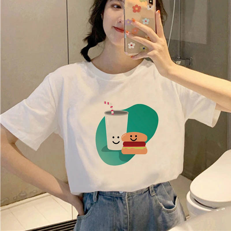 

2021 Fashion Hamburger Printed T-Shirts Women Fashion Casual Korean Tops Style Graphic Tees Feamle T shirts Woman Clothing