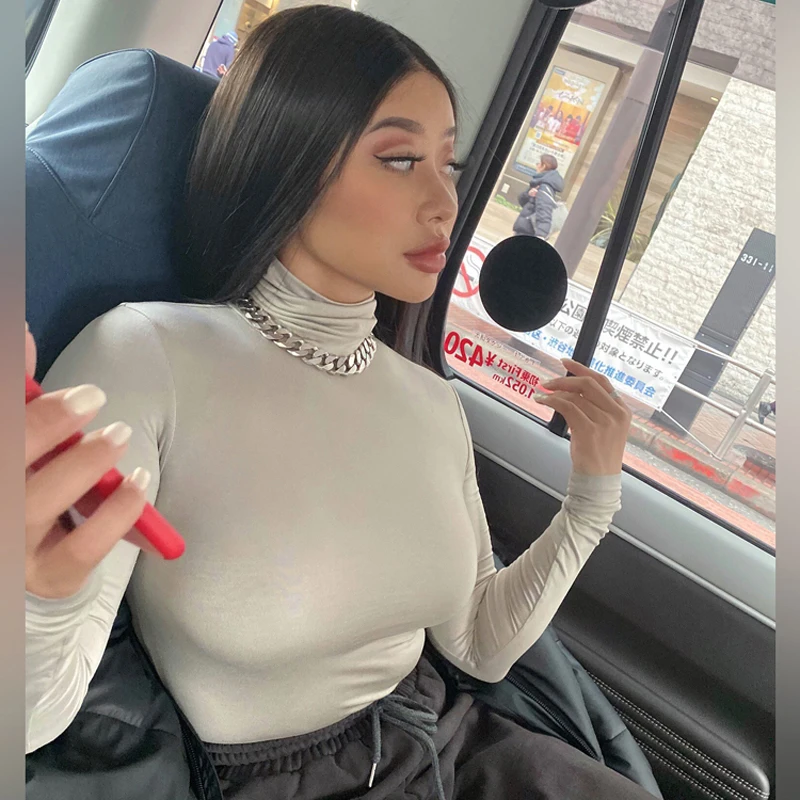 Женская Однотонная футболка с воротником-стойкой длинным рукавом | одежда