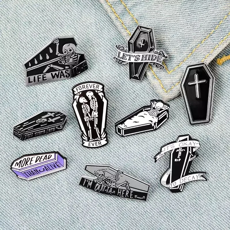 Let's Hide Skeleton Enamel Pin Stay Coffin Brooch Jeans Shirt Badge for Bag Lapel Dark Halloween Jewelry Gift Friend Wholesale