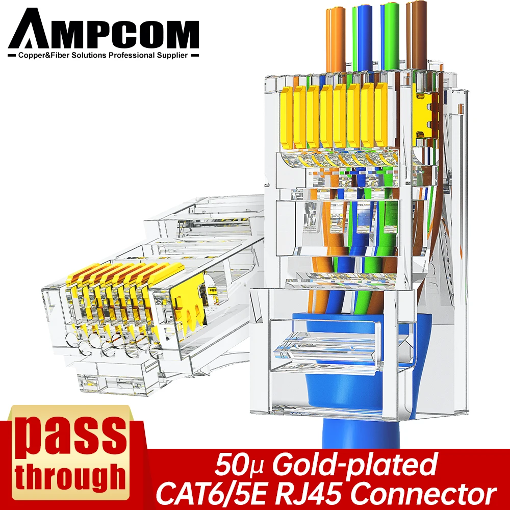 A passagem de ampcom cat6 cat5e através dos conectores de rede modulares da tomada rj45 utp 3/50end gold-plated 8p8c friso final para o cabo ethernet