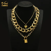 fashion gold color necklace for women multi layers steampunk chunky thick cuban neck chain lock star heart pendants choker party