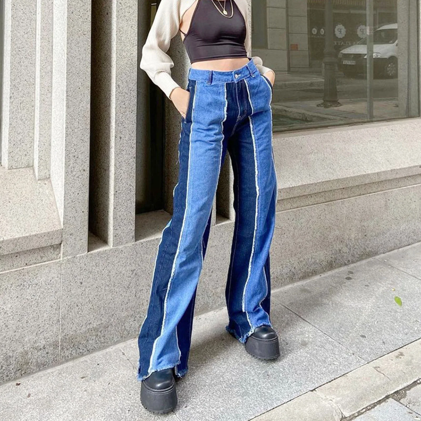 

Women High-waisted Jeans Trumpet Ripped Matching Color Spliced Long Pants for female undefined streetwear Woman trousers 2021