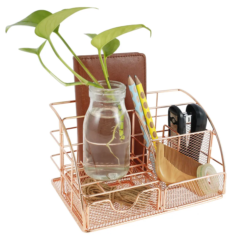 

Gold Office Desk Organizer with Sliding Drawer Mail Organizer Makeup Brush Stand Holder Metal Mesh Desktop Supply Organizer