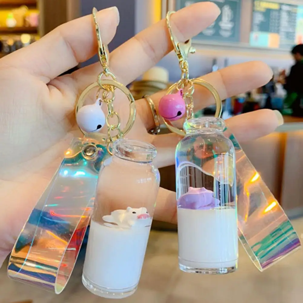 Floating Milk Pig Key Chain Drift Bottle Glass Holographic Lanyard Bell Pendant Decoration |