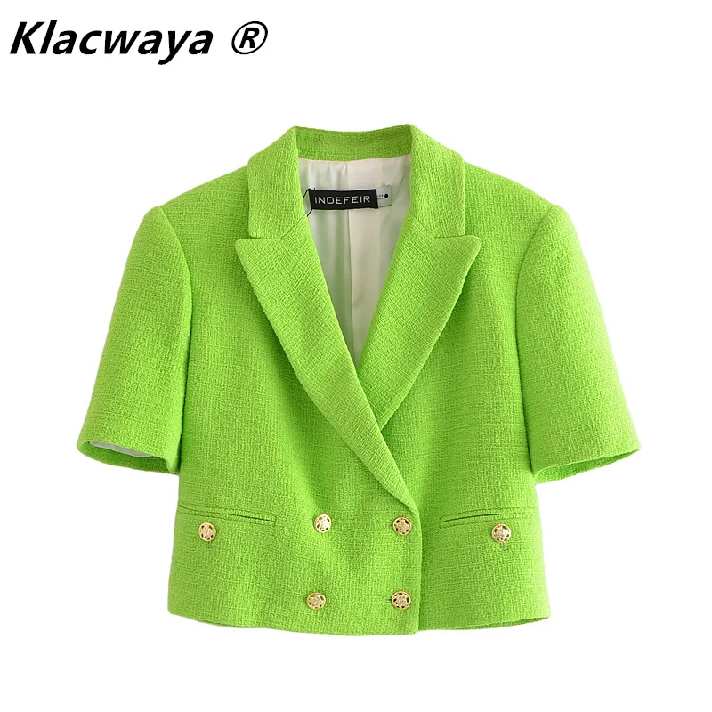 

Klacwaya Za Women 2021 Green Cropped Blazer Jacket Double Breasted Short Sleeve Pocket Decoration Textured Cropped Blazerd