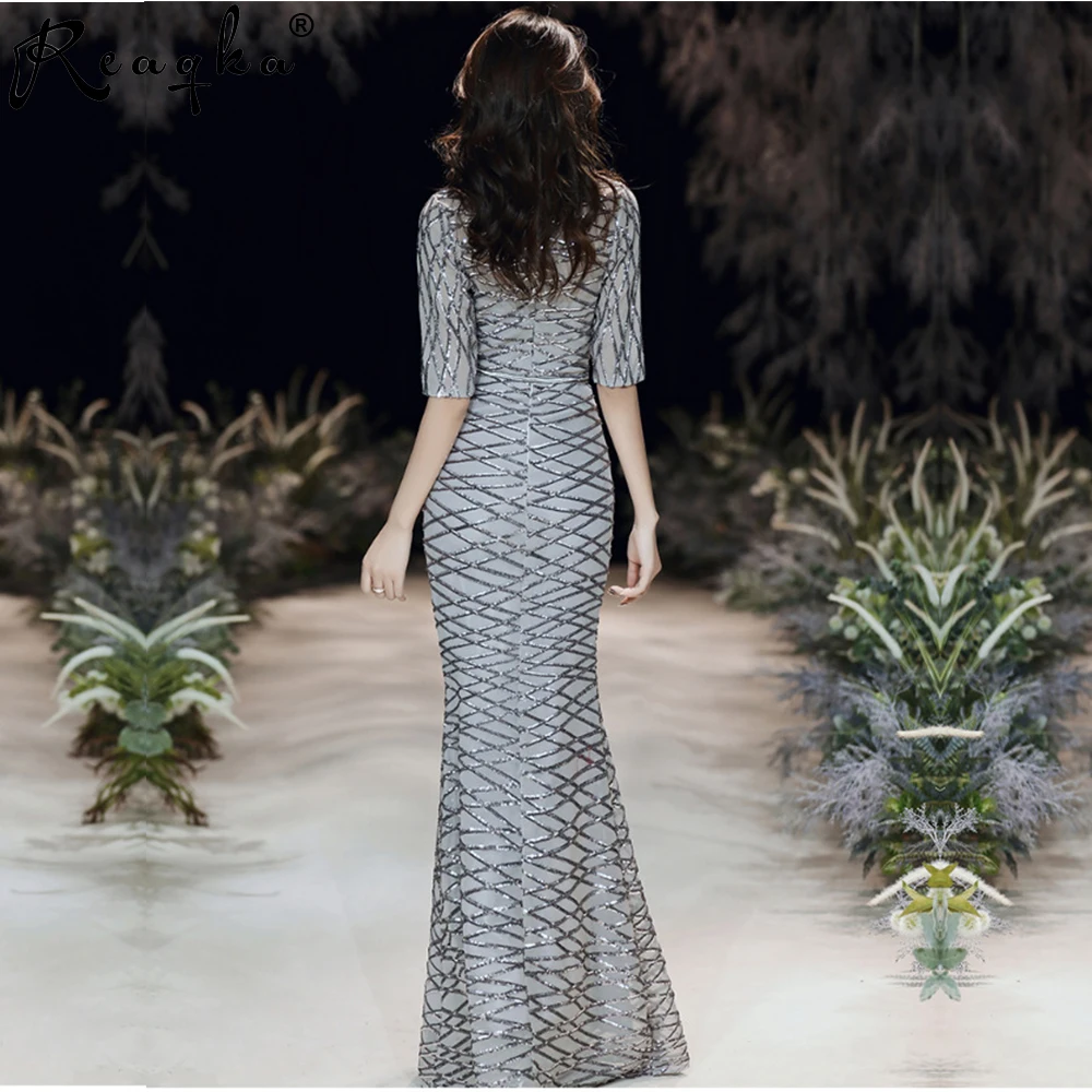 

Reaqka 2020 New Women's Long Formal Round Neck Light Gray Middle Sleeve Floor Pulling Sequin Evening Dress Fashion Long Skirt