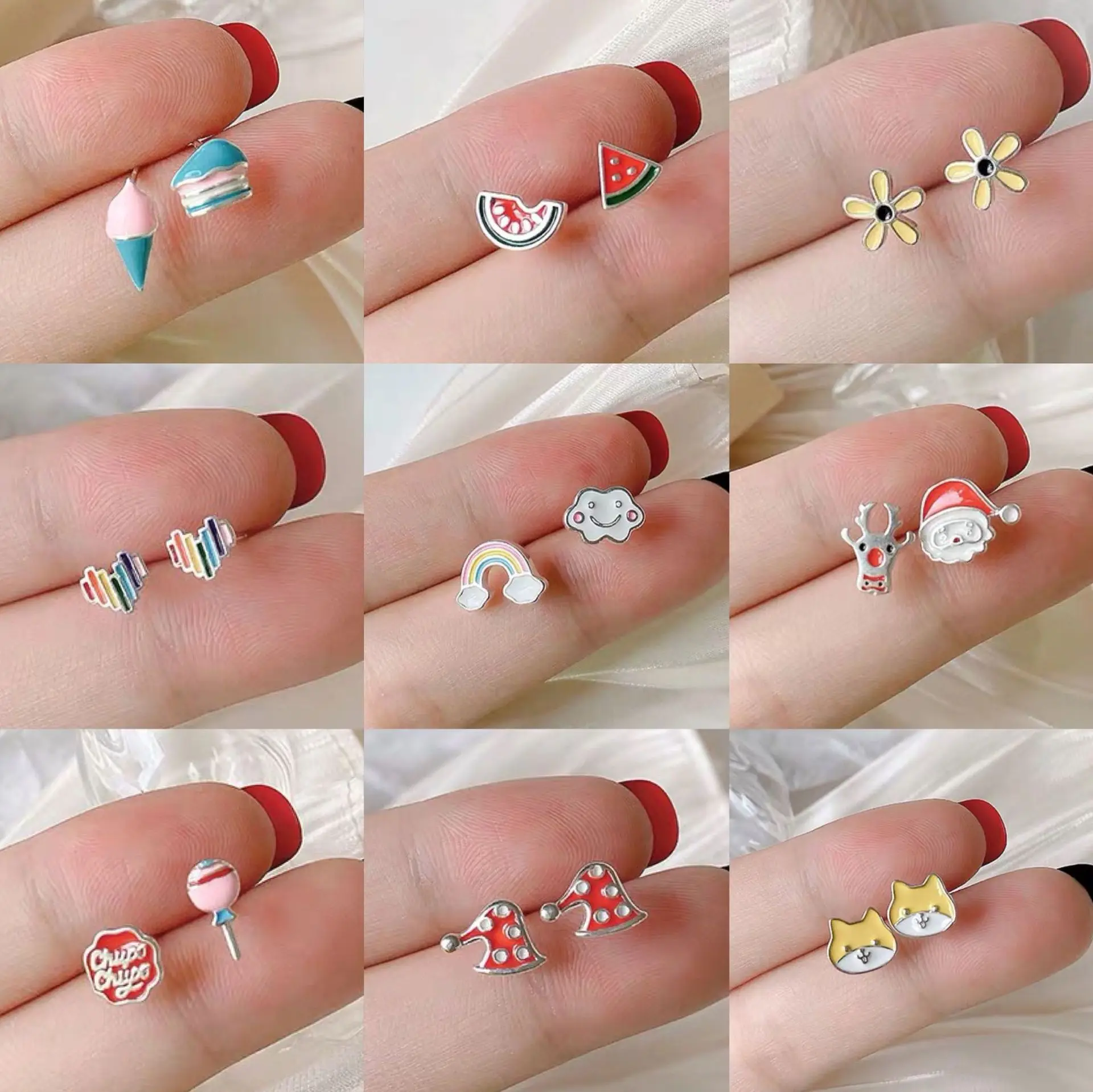 

TAFREE Mini Cute Design Stud Earrings Set For Little Girls Ear Jewelry Watermelon Dog Colorful New Students Earring E8502