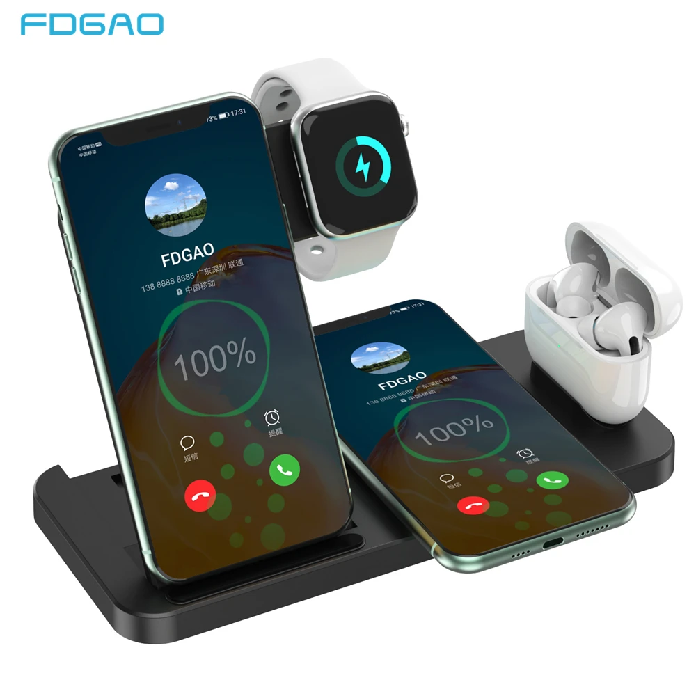FDGAO-cargador inal&aacute;mbrico 4 en 1 de 15W, soporte de carga por inducci&oacute;n para iPhone 13, 12, 11, X, XS, XR, Airpods, Apple iWatch 6 SE-0