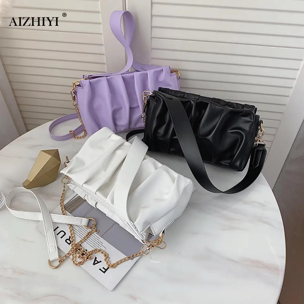 

Fashion Cloud Crossbody Bag Women PU Leather Pleated Shoulder Messenger Pouch Solid Color Female Chain Daily Totes Handbag