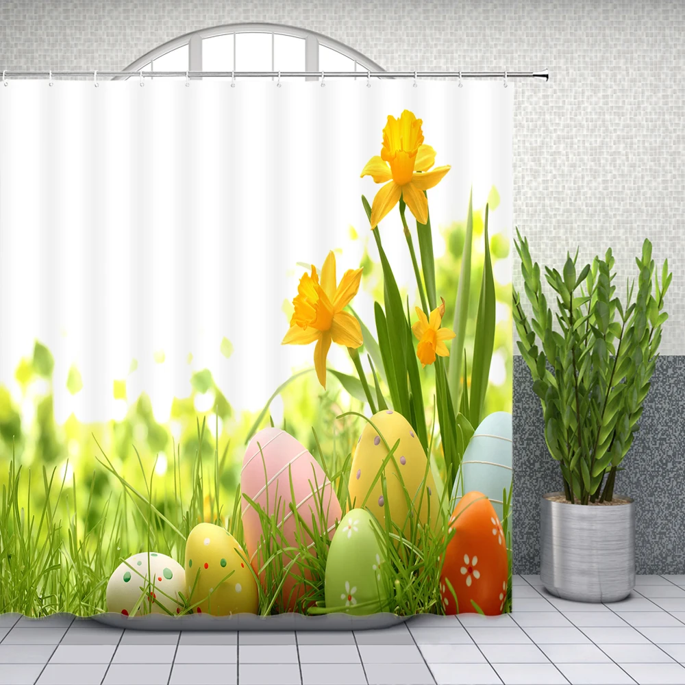 easter shower curtains colored egg flowers green plant bathroom decor waterproof polyester home bathtub curtain set with hooks free global shipping