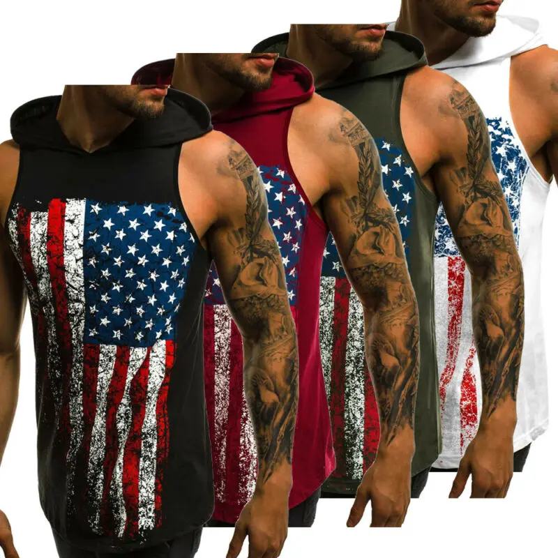 Новинка мужской жилет с капюшоном летние толстовки принтом флага без рукавов