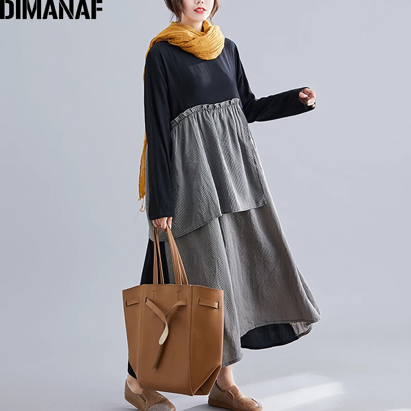 DIMANAF, женское платье, винтажное, размера плюс, осень, Vestidos, хлопок, лен, пэчворк, в полоску, женское, Elegnat, женское платье с длинным рукавом