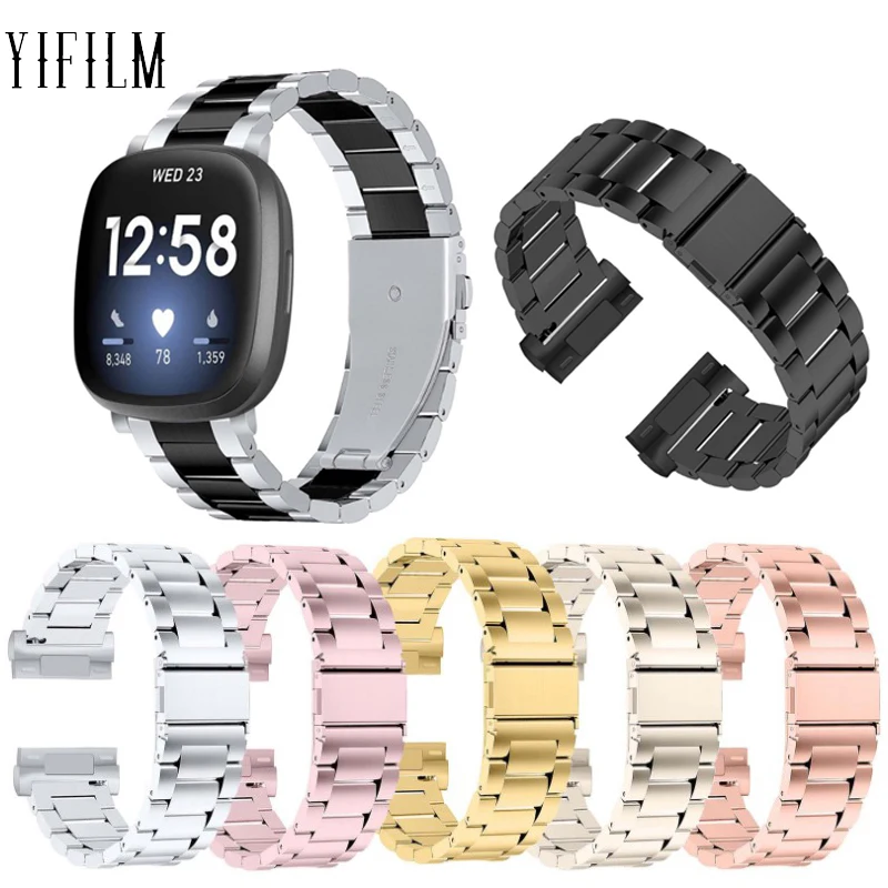 

Прочный ремешок для Fitbit Versa3, стальной браслет с тремя бусинами, браслет из нержавеющей стали для часов Fitbit Sense, металлический ремешок для час...