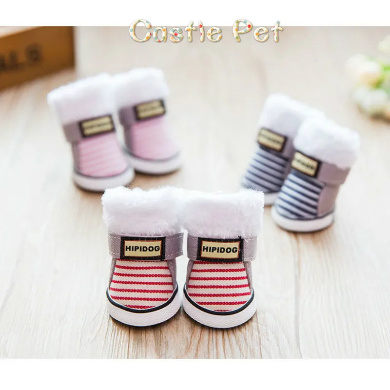 Теплая Обувь для собак Флисовые ботинки Дизайн в полоску Зимняя обувь на липучке