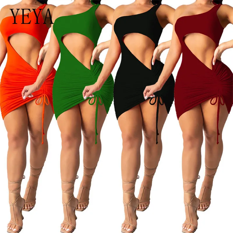 

KEXU One Shoulder Mini Dresses Drawstring Lace Up Pleated Hollow Out Sleeveless Strapless Skinny Elegant Casual Party Clubwear