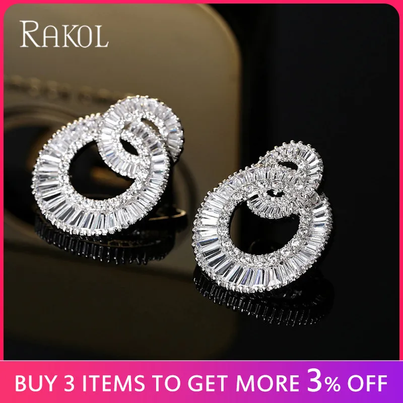 RAKOL блестящий двойной круг круглые серьги с цирконием кубической огранки для
