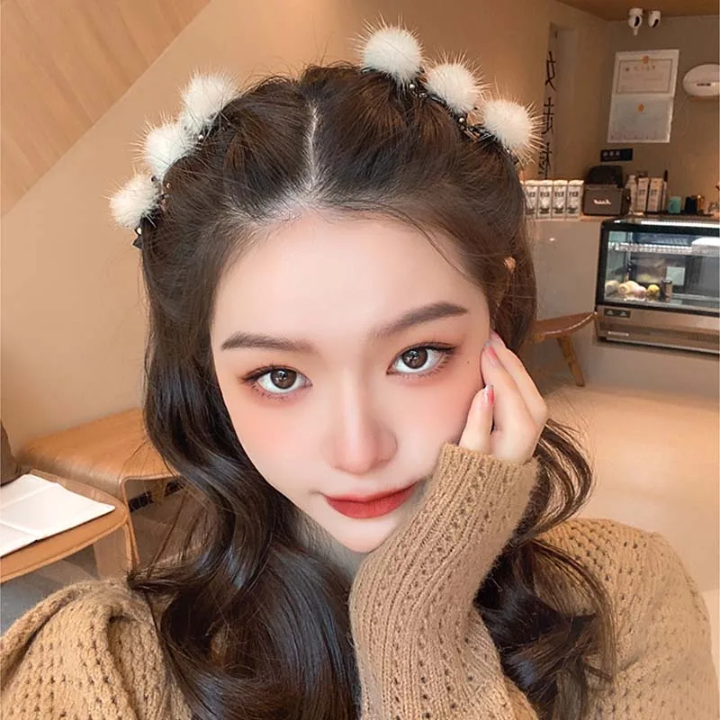 Меховые шарики для волос зажимы женские челки фиксированные заколки зимняя