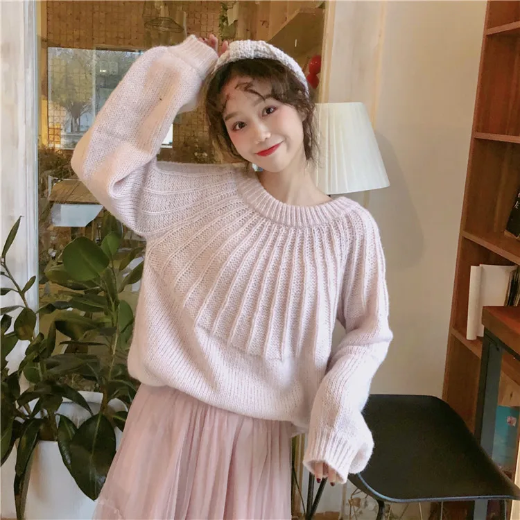 pink sweater RUGOD/Новинка года, женский осенний свитер или кружевная рубашка, милая, на шнуровке, с двумя боковыми носками, Свободный пуловер, свитер, Модная Тонкая футболка с подкладкой - Цвет: pink sweater