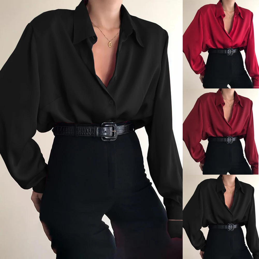 Женская Повседневная Свободная рубашка на пуговицах однотонная блузка с