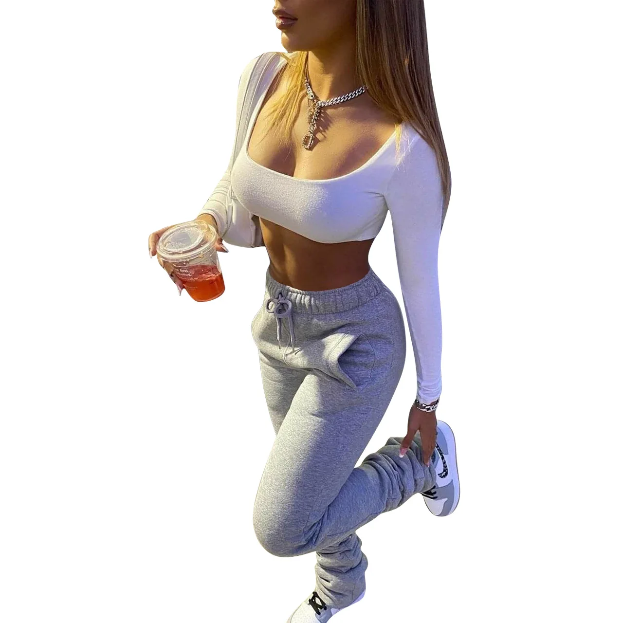 

European and American women's pleated micro horn thick stacking casual pants