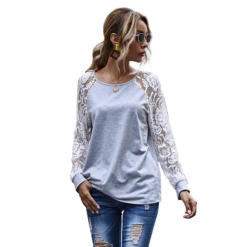

Original hollowed out lace sleeve crew neck sweater women's autumn winter 2020 new casual top women's wear
