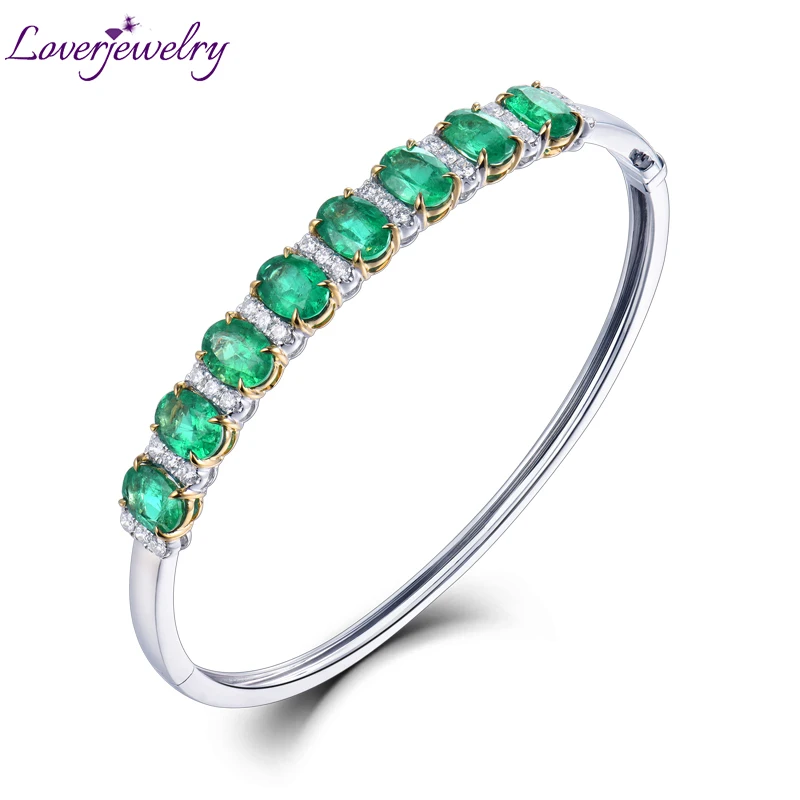 

LOVERJEWELRY Emerald Bracelets for Women 18Kt Au750 White Gold Oval Shape Green Emerald Wedding Bangle Sparkly Diamonds Jewelry
