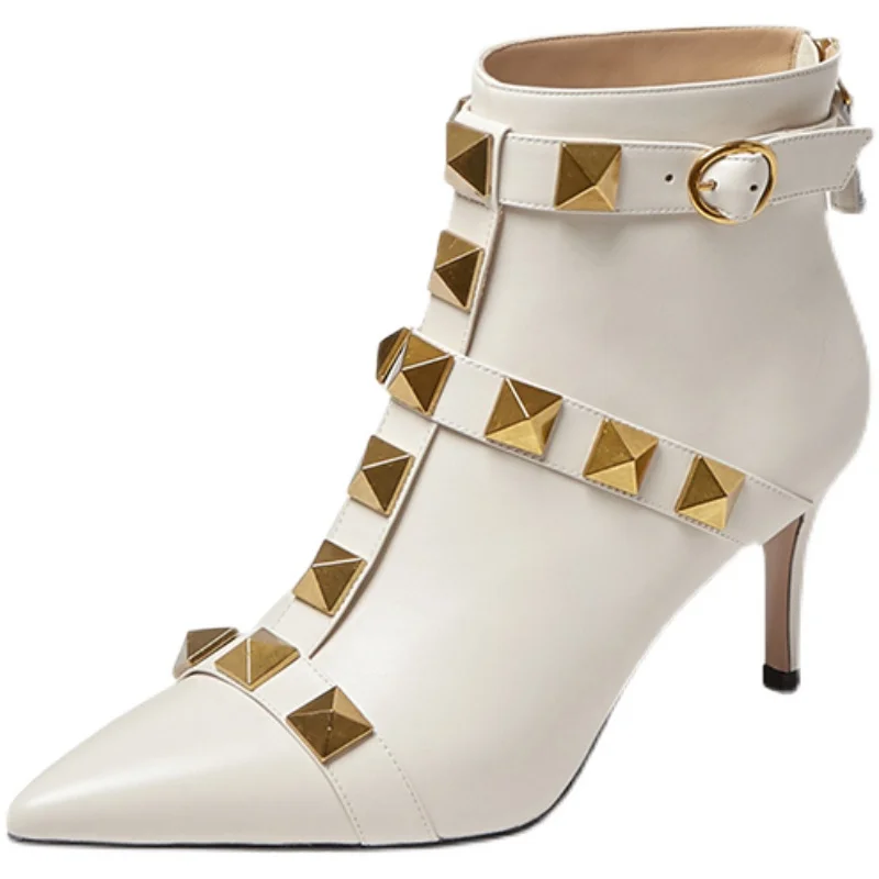Rivet Boots 2021 Autumn and Winter New Pointed High Heel Stiletto Heel British Style Genuine Leather Fashion Short Boots Women