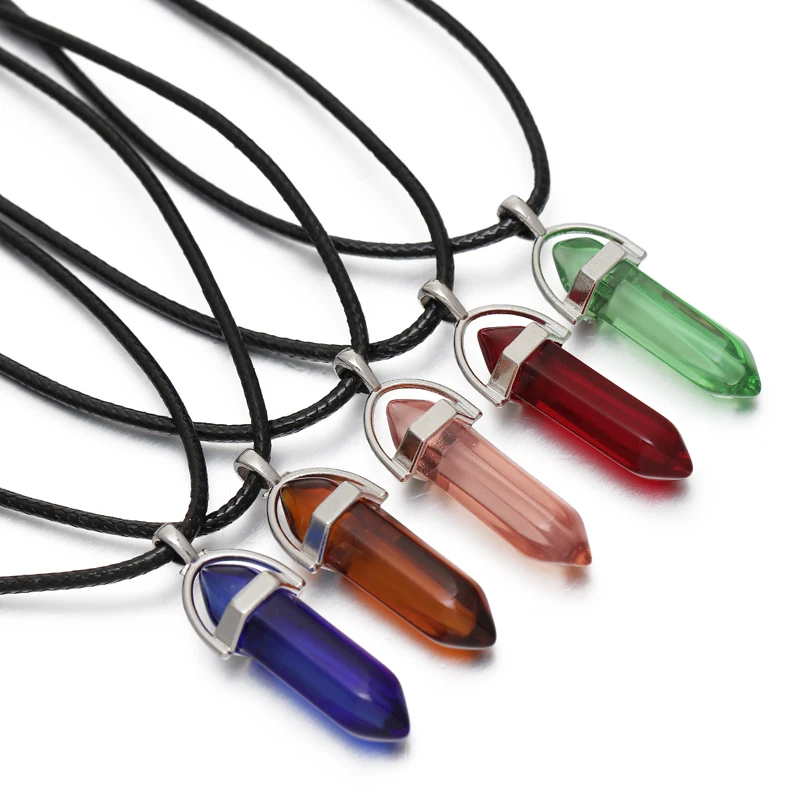 

Hexagonal Column Necklace Natural Stone Leather Crystal Pendant Leather Necklace Men's and Women's Fashion Jewelry Accessories