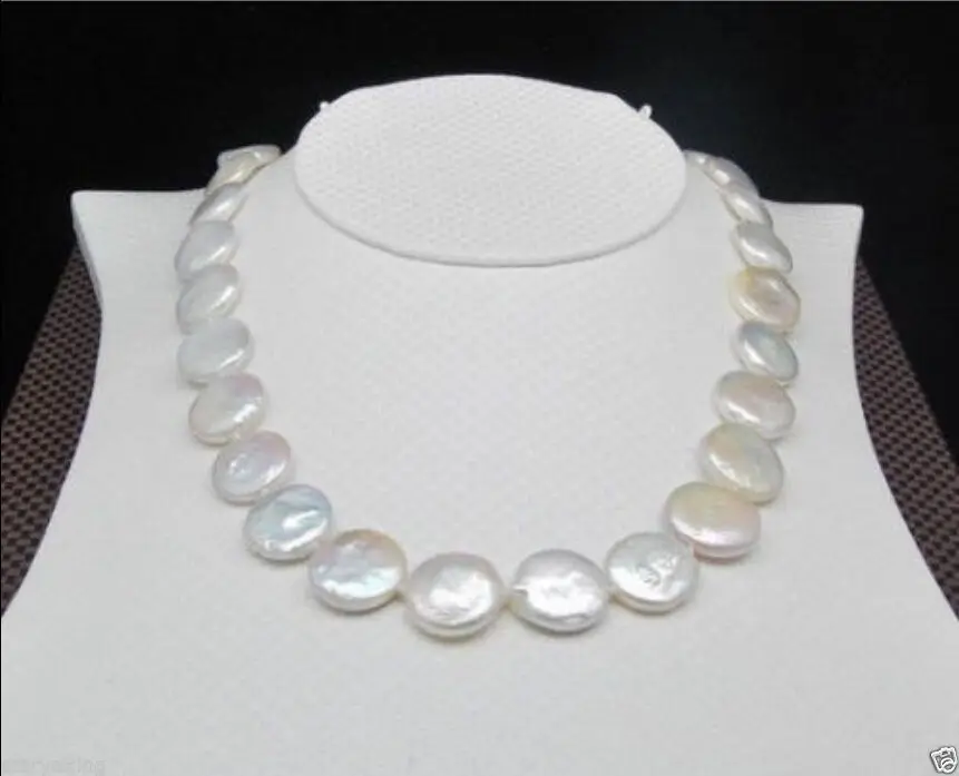

Hot Huge AAA 14-15mm south sea white coin pearl necklace 18" 925silver GOLD CLASP
