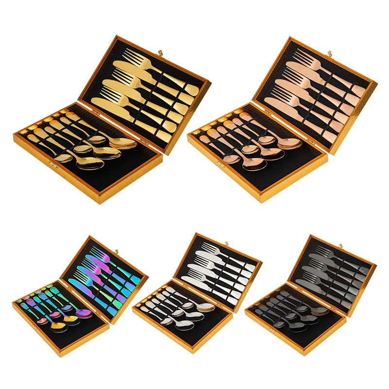 

Stainless Steel Cutlery Set 24 Pcs Western Forks Knives Spoons Cutlery Set Gold Kids Juego De Cubiertos Box For Dinnerware DL6D