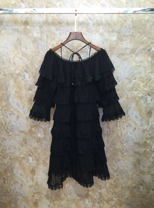 

New Arrival 2020 Summer Sexy Club Party Ladies Slash Neck Cascading Ruffle Lace Patchwork 3/4 Sleeve Sweet Lolita Dress