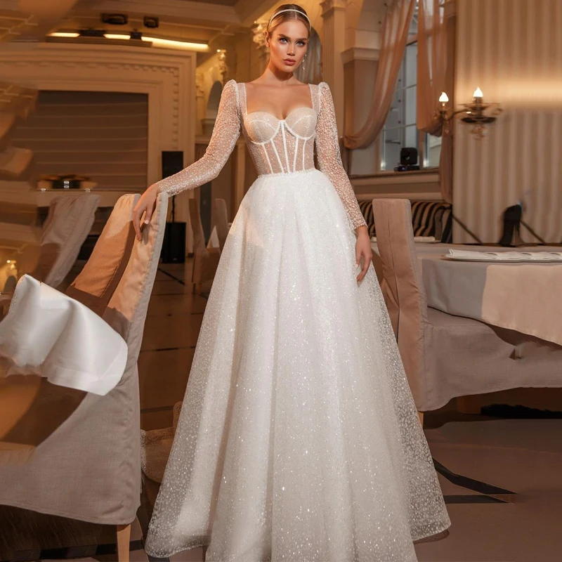 

Eightree Princess Wedding Dresses 2021 Glitter Backless Long Sleeve Bridal Dress Tulle A-Line Sweetheart Wedding Gowns Plus Size