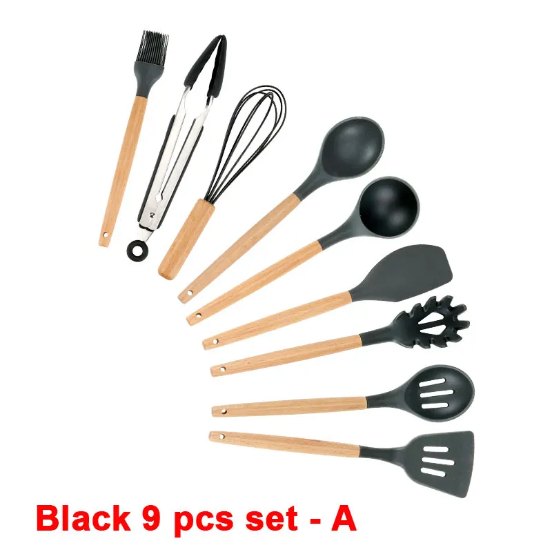 Black 9 pcs set - A Набор кухонных силиконовых кухонных принадлежностей с антипригарным шпателем лопата с деревянной ручкой набор кухонных инструментов с ящиком для хранения кухонные инструменты - Цвет: Black 9 pcs set - A