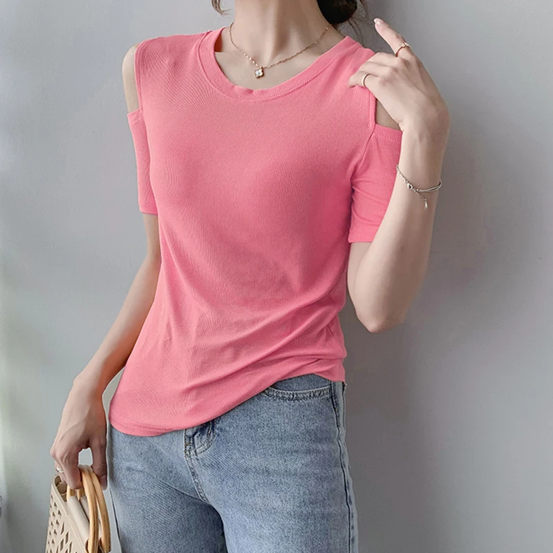 

Tees T shirt Women Clothes Off Shoulder Cotton Korean Casual T-Shirt Summer Tops Black Short Sleeve Y2K Shirt White 2021