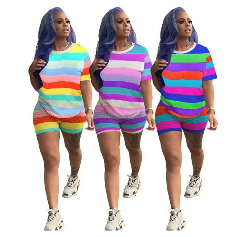 

Summer Women's Fashion Cute Loose Sports and Leisure Home Top + Shorts Rainbow Stripe Two-piece Sets Wholesale Dropshipping