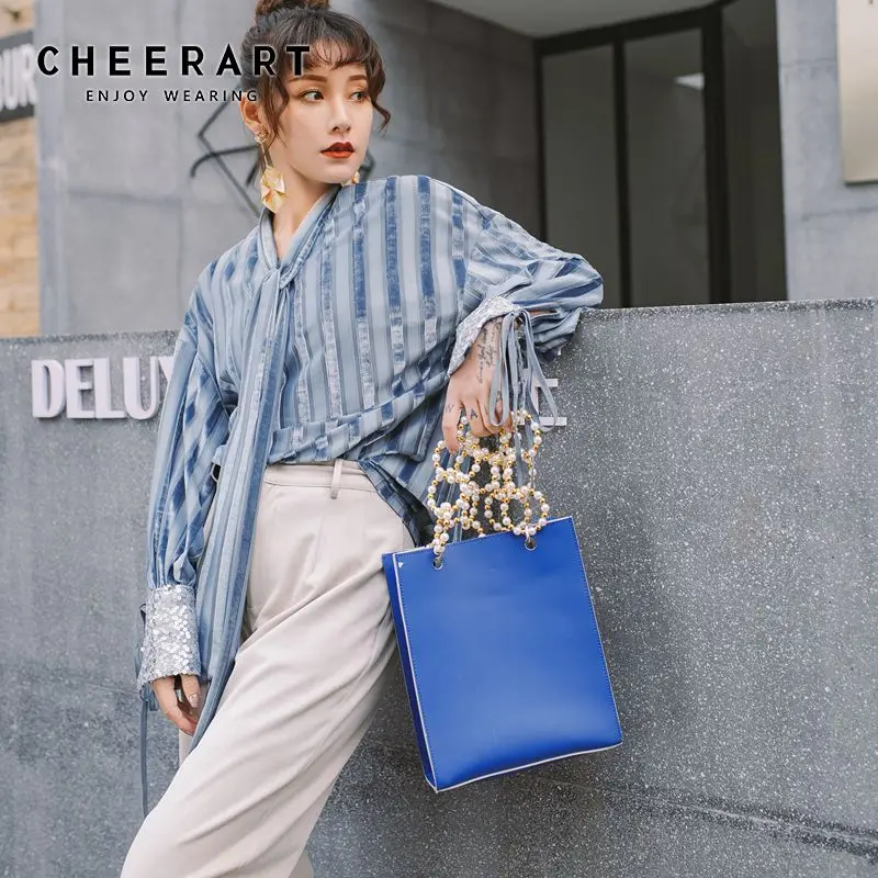 Женская блузка в синюю полоску Cheerart свободная рубашка с длинными рукавами и