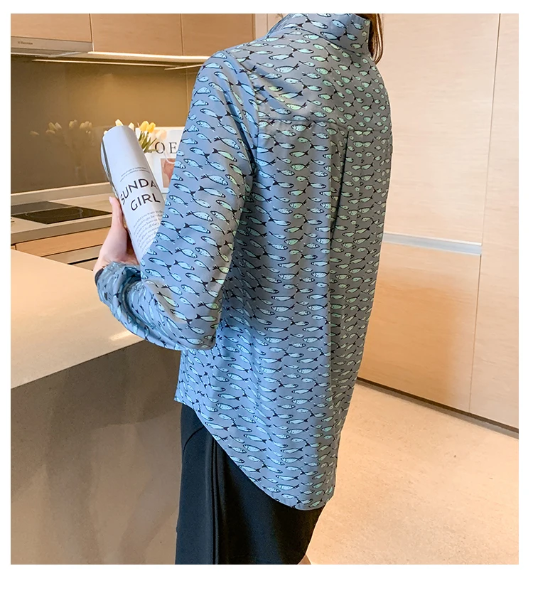 

Houthion New Chiffon Women's Blouses Fashion Shirt Long Sleeve Top Summer Breasted Office Lady Button Full Loose Printed Blouse