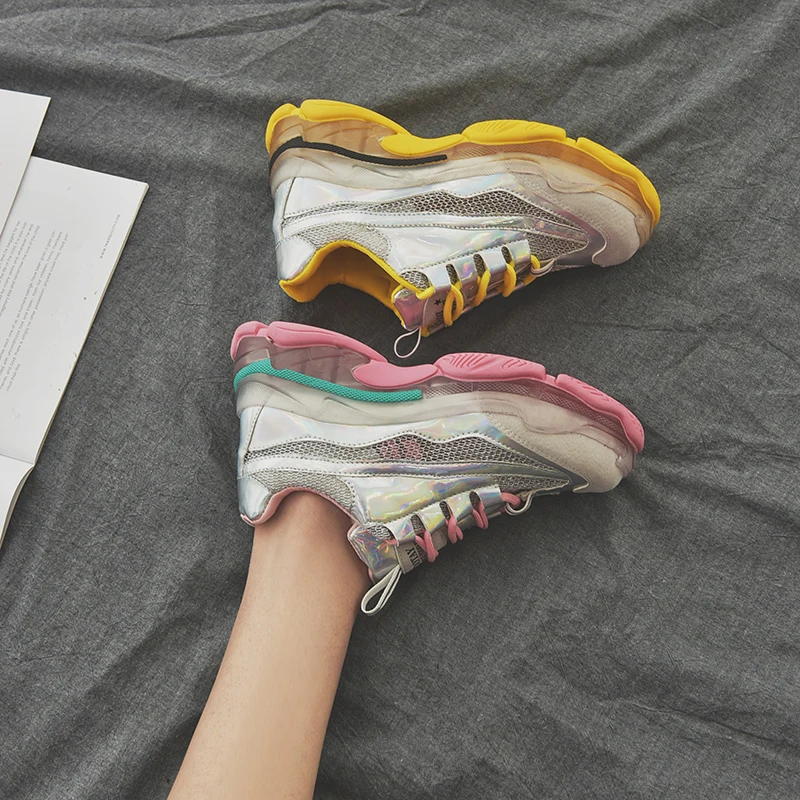 Массивные кроссовки Дизайнерские женские с блестками Дышащая женская обувь из