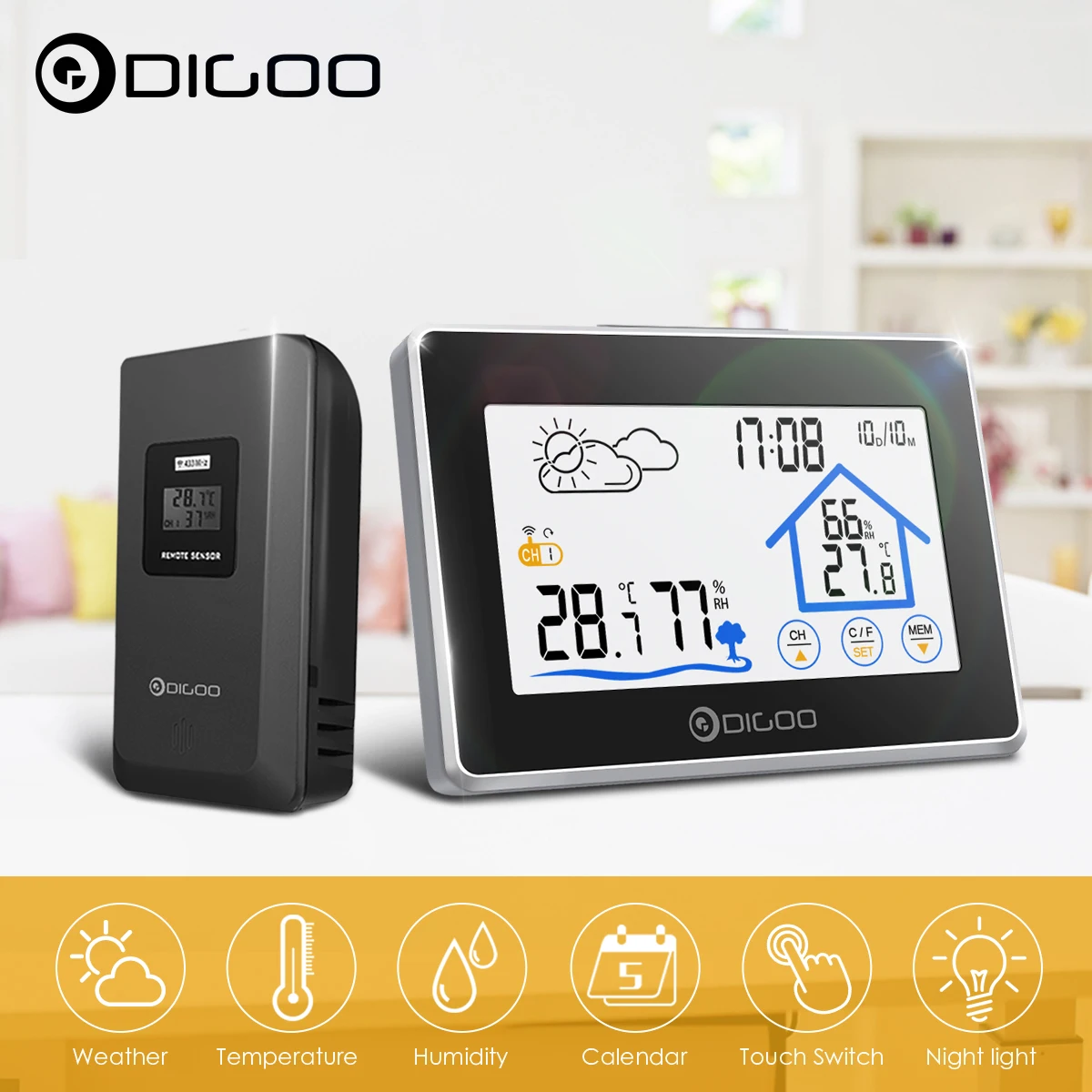 Digoo DG-TH8380 сенсорная комнатная уличная Метеостанция+ 100 м датчик погоды Термометр гигрометр метр календарь 3CH подсветка