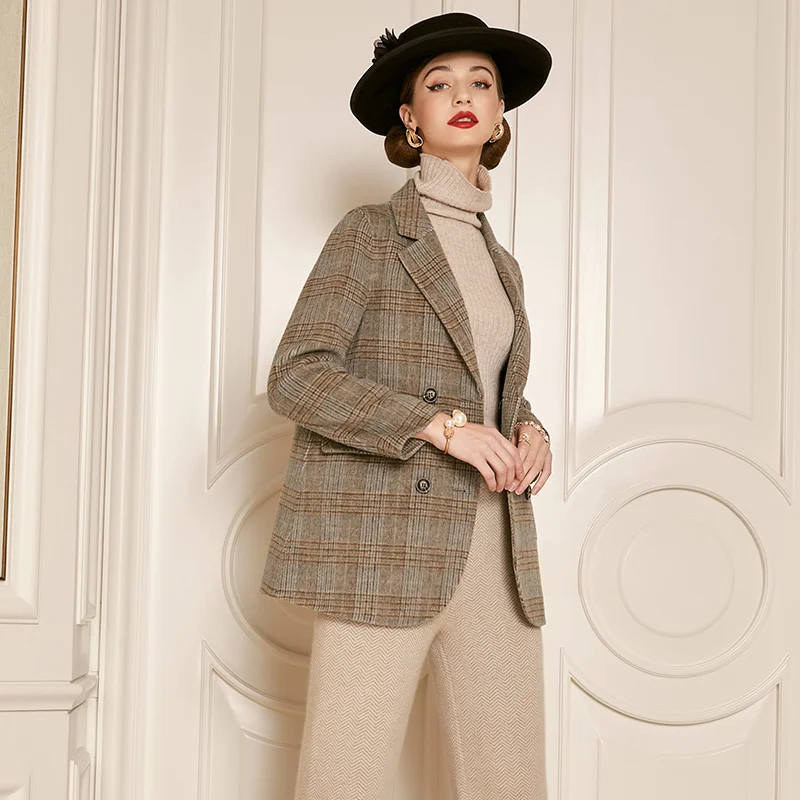 

SHZQ Plaid Double-sided Cashmere Coat Women's Medium Length Autumn and Winter 2020 New Wool Suit Wool Coat