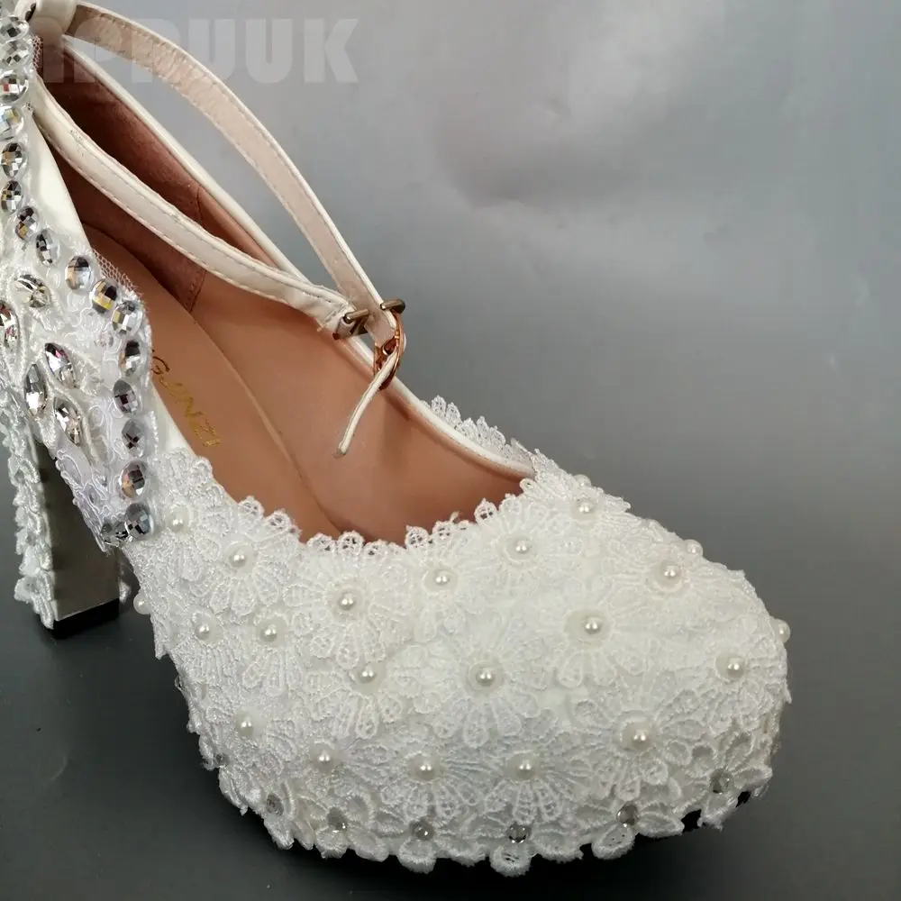 New arrival white lace silver rhinestones wedding shoes bride sweet pearl ankle buckle straps super high-heeled bridal pump | Обувь