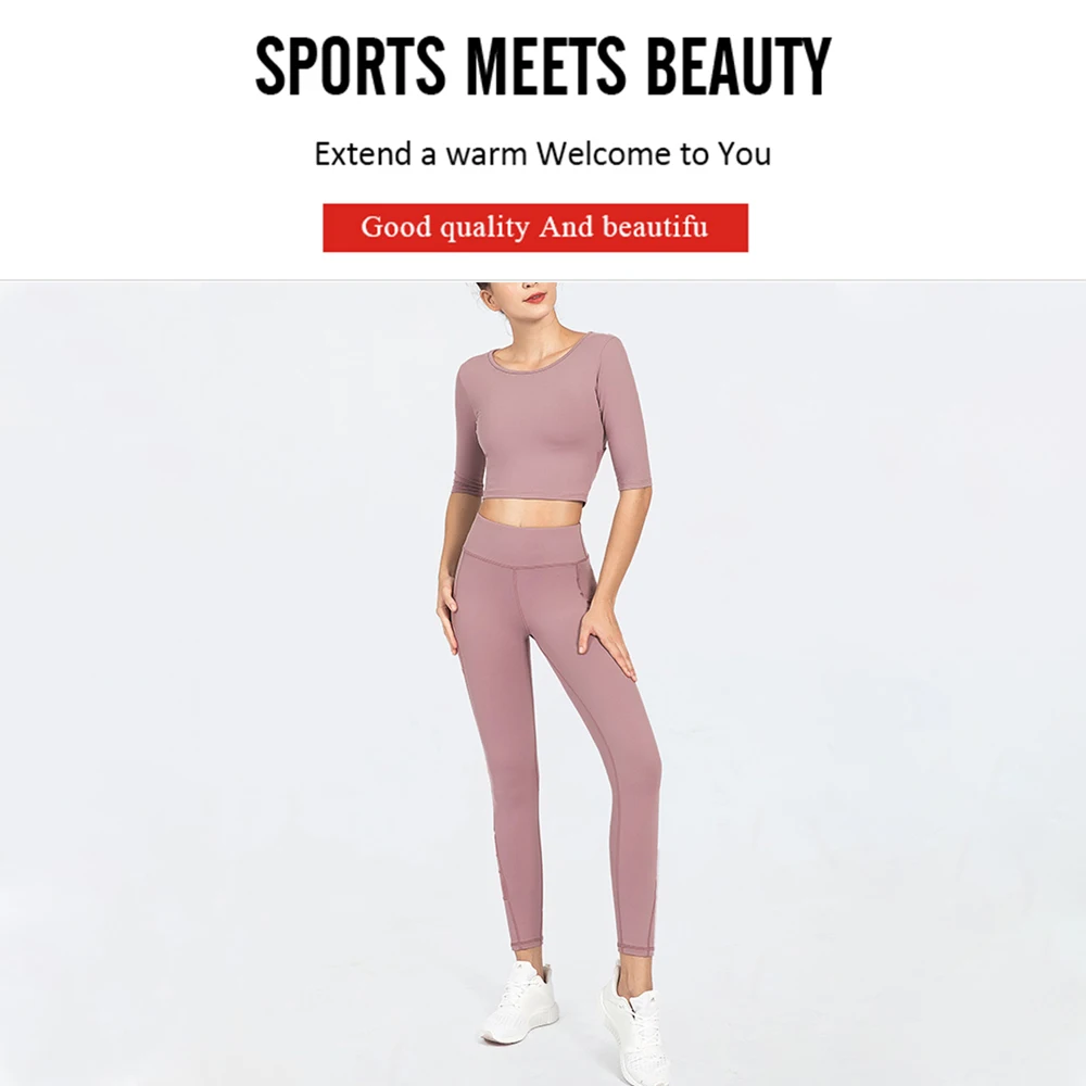 

Women's 2PCS Outfits Half Sleeve Mesh Sports Tops High Waist Push up Seamless Yoga Leggings Quick Dry Workout Fitness Gym Suits