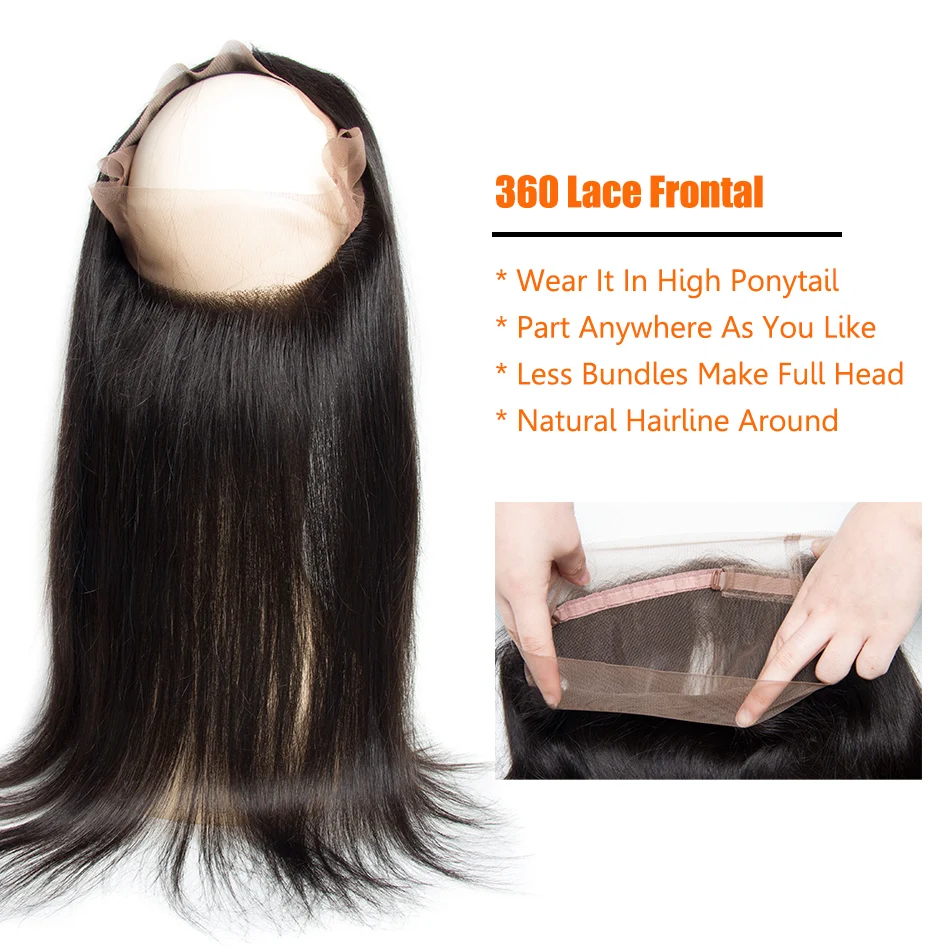 ALIBELE HAIR Peruvian Straight 360 Lace Frontal Pre Plucked Remy Human Hair Hand Tied 130% Density Full Closure | Шиньоны и парики