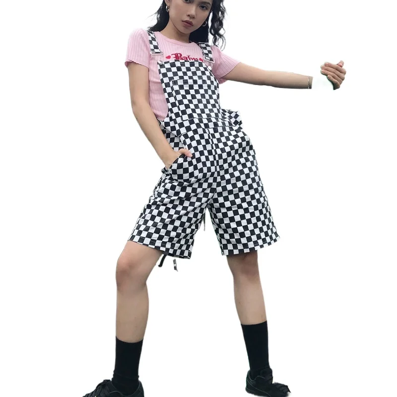 

Woman suspender Short Jumpsuit checkerboard geometric Printed Pocket Short Bodysuit M-XL D000343