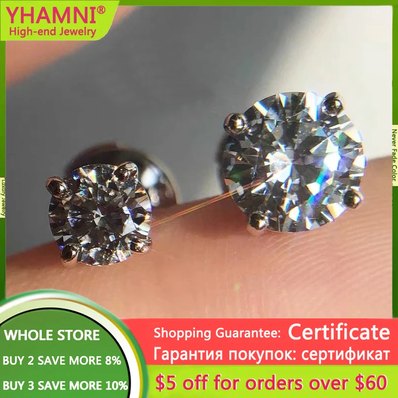 

With Certificate Solitaire 1.0ct/2.0ct Lab Diamond Stud Earrings 925 Silver Jewelry Engagement Wedding Earrings for Women Men