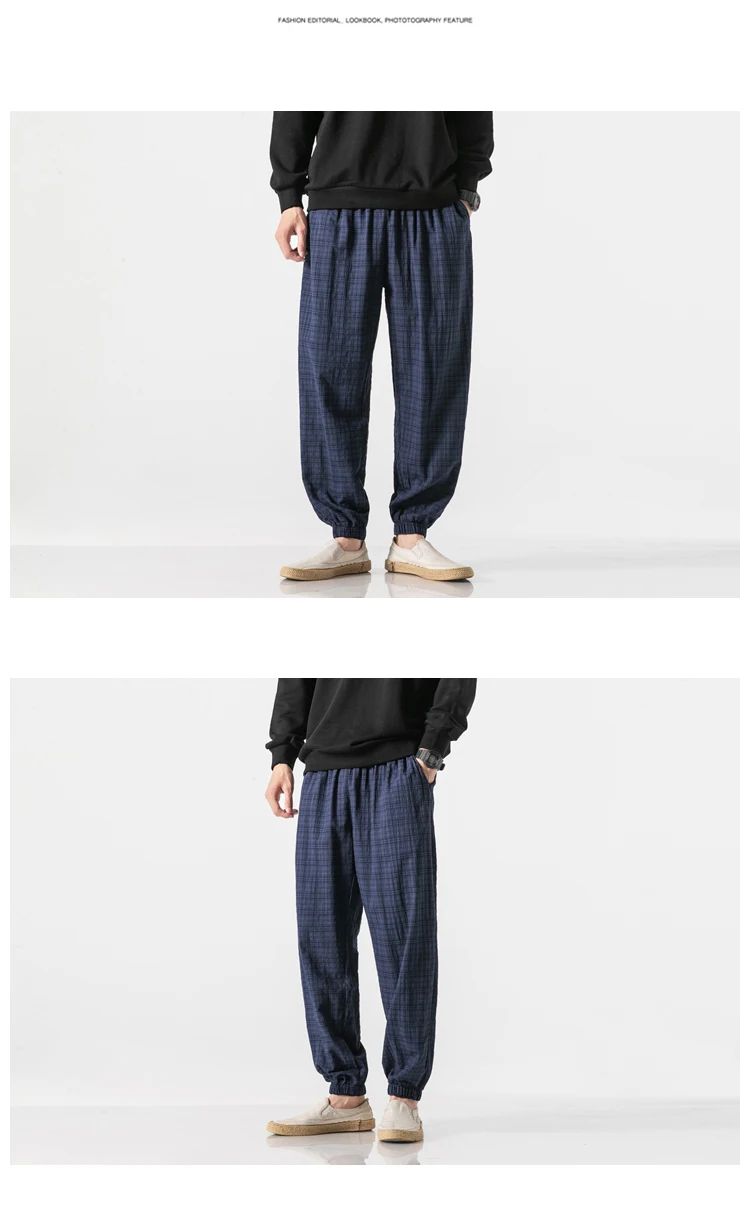 Autumn New Casual Pants Men Cotton Linen Slim Fit Grid Fashion Trousers Male Brand Clothing Plus Size 5XL Y1864