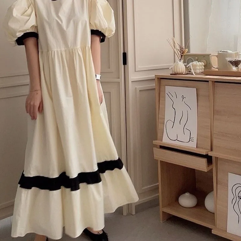 2021 NOVEDAD DE VERANO suelto de gran oscilación de Puff manga vestido de la muñeca vestido de una-pieza Chic Corea lindo Collar cuadrado contraste vestido