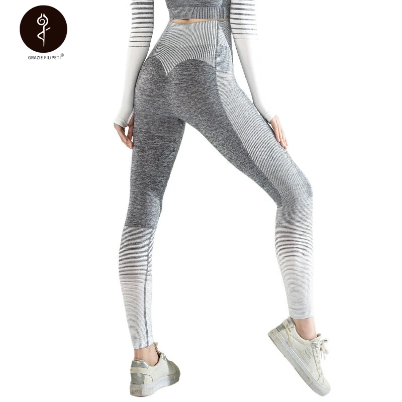 

Stripe Gradient Splice Yoga Leggings Women Gym Push Up Shark Fitness Clothing Hip Lift High Waist Sports Tight Roupas Femininas