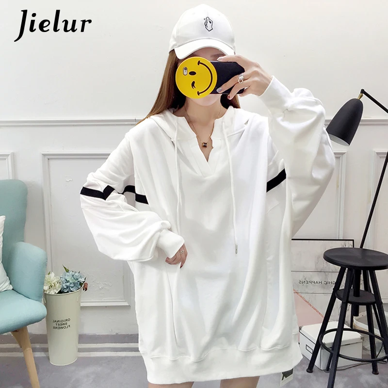 Женская толстовка с полосками Jielur в стиле пэчворк белая свободная V-образным